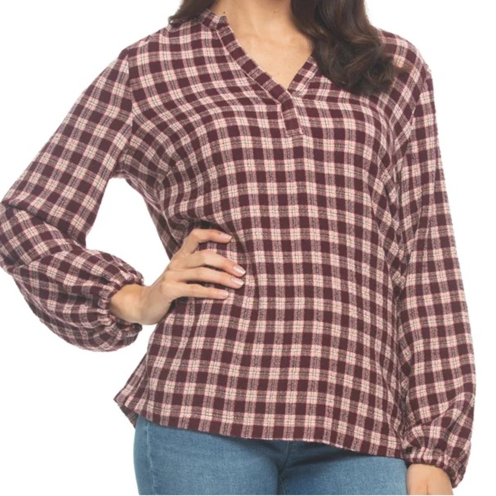 Felina Women's Lurex Plaid Top, Red (Burgundy), Small & Medium Available - NWT